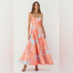 NWT Hutch Saige Dress in Sky Coral Layered Outline Peonies Shantung Size 2